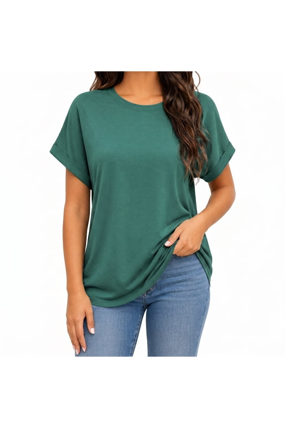 Women's Crew Neck T Shirts Rolled Short Sleeve Soft Breathable Rayon Blend Loose Fit Casual Tee Tops for Everyday Wear