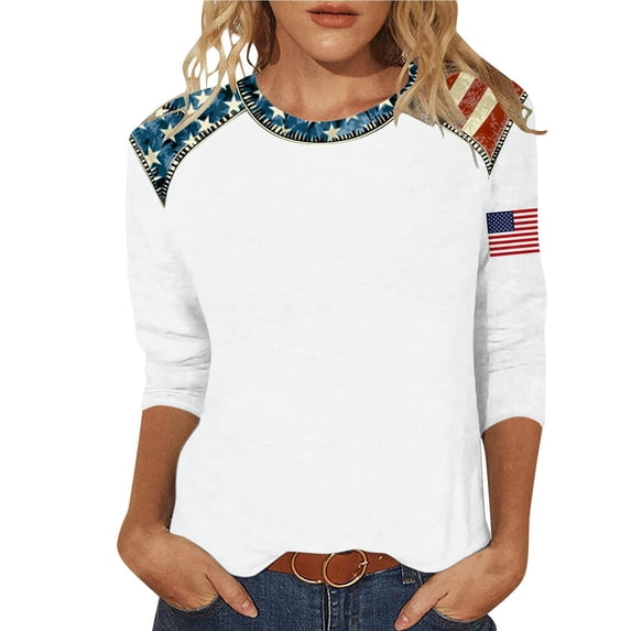 Women's Crew Neck Tees 3/4 Sleeve Festival Print Pullover Tops Spring Summer Casual Loose Trendy Blouse (L, White)
