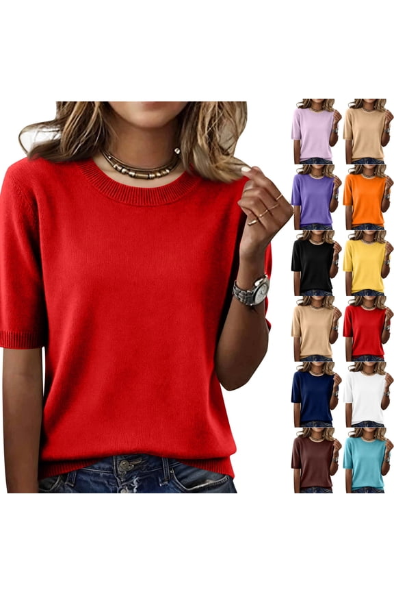 Women's Crew Neck Tops Short Sleeve Soft Knit Sweater Shirts Lightweight Wool Blend Business Casual Daily Wear Summer Blouses, #03 Wine, S