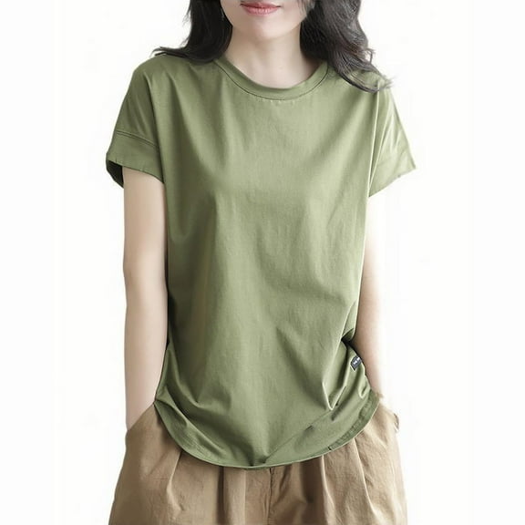 Women's Crew Neck Tops Summer Casual Going out Plus Size Shirts Loose Fit Basic Blouses Solid Color Pullover (3XL, Green)