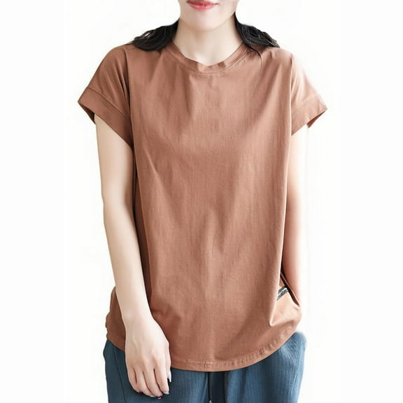 Women's Crew Neck Tops Summer Casual Going out Plus Size Shirts Loose Fit Basic Blouses Solid Color Pullover (M, Coffee)