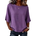 thumbnail image 1 of Women's Crew Neck Tops Textured Dolman 3/4 Sleeve T-Shirt Casual Linen Blend Summer Top for Women Purple M, 1 of 5