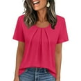 thumbnail image 1 of Women's Crew Neck Tops with Pleats Short Sleeve Dressy Casual Blouses Summer Solid Color T-shirts Loose Fit (2XL, Hot Pink), 1 of 7