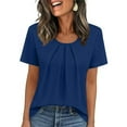 thumbnail image 1 of Women's Crew Neck Tops with Pleats Short Sleeve Dressy Casual Blouses Summer Solid Color T-shirts Loose Fit (XL, Blue), 1 of 7