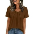thumbnail image 1 of Women's Crew Neck Tops with Pleats Short Sleeve Dressy Casual Blouses Summer Solid Color T-shirts Loose Fit (XL, Brown), 1 of 7