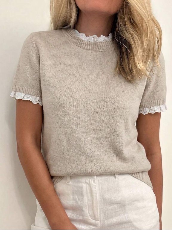 Women's Crew Neck Trim Short Sleeve Sweater for Spring Summer Office Commute Daily Wear