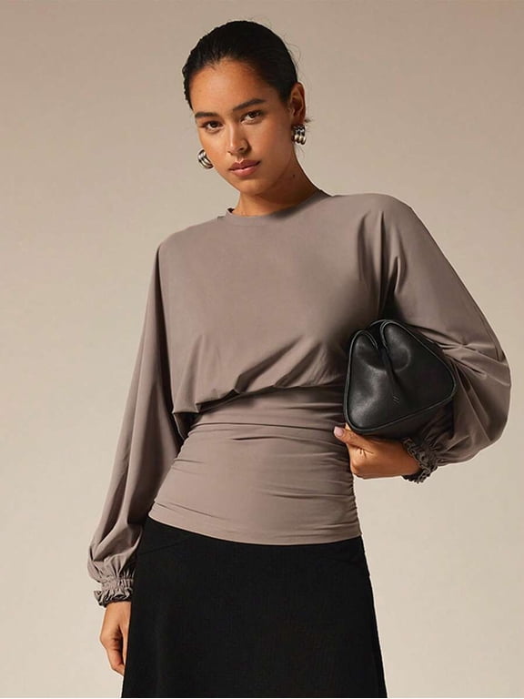 Women's Crew Neck Waist-Defining Lantern Sleeve Long Sleeve Top
