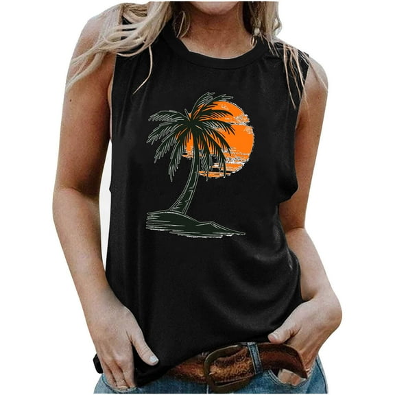 Women's Crew Neck Y2K Tops Dressy Casual Fashion Elegant Going out Blouse Summer Clothes for Teen Girls Retro Sunset Graphic Tank Tops Vintage Sleeveless Tunic Tops Loose Fit Flowy Black T Shirts M