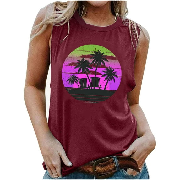 Women's Crew Neck Y2K Tops Dressy Casual Fashion Retro Sunset Graphic Tank Tops Summer Clothes for Teen Girls Vintage Sleeveless Tunic Tops Loose Fit Flowy Elegant Going out Blouse Wine T Shirts M