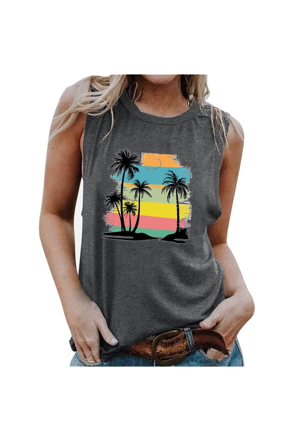 Women's Crew Neck Y2K Tops Dressy Casual Fashion Sleeveless Tunic Tops Loose Fit Flowy Summer Clothes Elegant Going out Blouse Vintage Retro Sunset Graphic Tank Tops Dark Gray T Shirts XXL