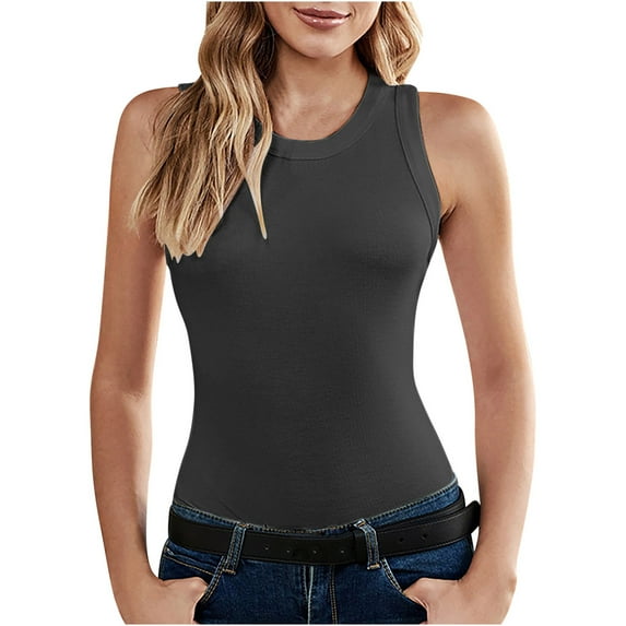 Women's Crew Neck Y2K Tops Dressy Casual Solid Color Tank Tops Fashion 2024 Elegant Going out Blouse Vintage Summer Clothes for Teen Girls Sleeveless Tunic Tops Loose Fit Flowy Dark Gray T Shirts S