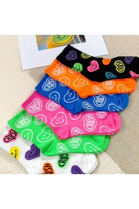 Women's Crew Neon Crush Smile Heart Pattern Socks - 6 Pair Set w/ Gift Box - Daily Fashion Socks - Made in Korea