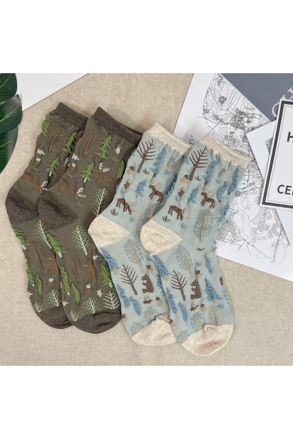 Women's Crew Oulanka Forest Embroidery Pattern Socks - 2 Pair Set w/ Gift Bag - Made in Korea