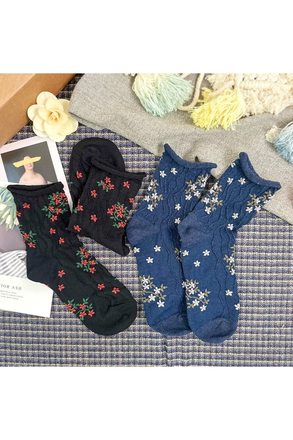 Women's Crew Ruffle Flower Socks - 2 Pair Set w/ Gift Bag - Made in Korea