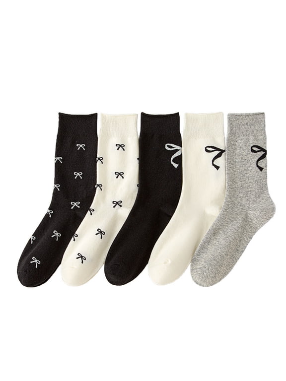 Women's Crew Socks Calf Cotton Cute Bow Pattern Campus Style Sock for Girls White Black Grey Fancy Printed Socks 5pack Size5-9