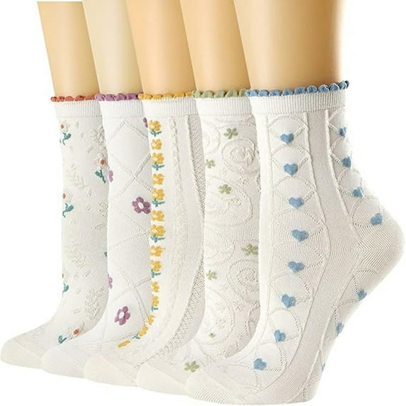Women's Crew Socks - Casual Cotton Cute Novelty Socks - Floral Ankle Socks - 5 pack White, One Size