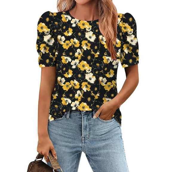 Women's Crew-neck Pleated Short-sleeved Pullover Casual Print Loose