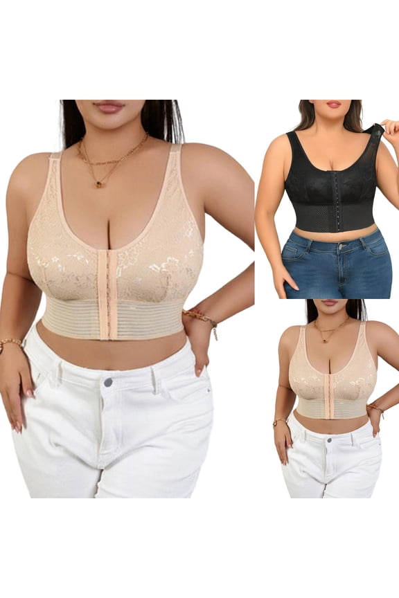Women's CrewNeck Front Closure Corset, Lace Longline Bra, Plus Size Bras, Shapewear For Women, Top Bras With Support And Push Up, Shapewear Tank Tops Black XXL