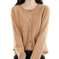 thumbnail image 1 of Women's Crewneck 100% Merino Wool Sweater 2024 Spring Fall Solid Long Sleeve Seamless Knitted Cardigan Sweater Camel M, 1 of 2