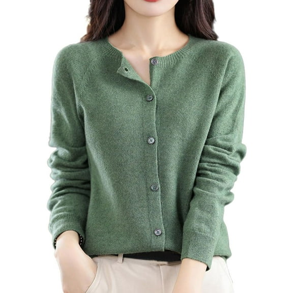 Women s Crewneck Merino Wool Sweater 2024 Spring Fall Solid Long Sleeve Seamless Knitted Cardigan Sweater Dark Green M