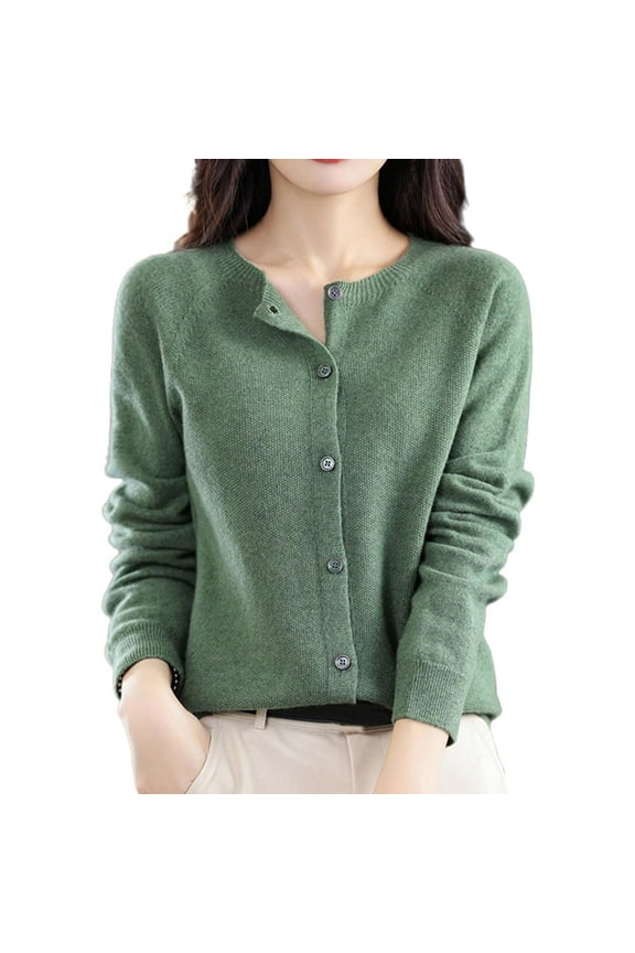 Women s Crewneck Merino Wool Sweater 2024 Spring Fall Solid Long Sleeve Seamless Knitted Cardigan Sweater Dark Green M