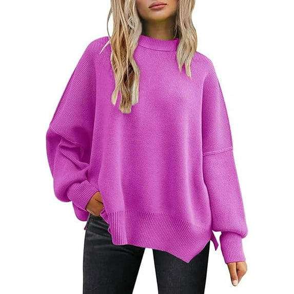 Women's Crewneck Batwing Balloon Sleeves Sweaters 2024 Fall Winter Oversized Ribbed Knit Side Slit Pullover Tops