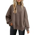 thumbnail image 1 of Women's Crewneck Batwing Long Sleeve Sweaters 2023 Fall Oversized Ribbed Knit Side Slit Pullover Tops, 1 of 7