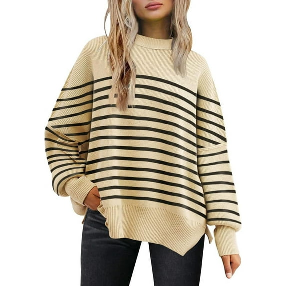 Women's Crewneck Batwing Long Sleeve Sweaters 2023 Fall Oversized Ribbed Knit Side Slit Pullover Tops