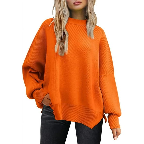 Women's Crewneck Batwing Long Sleeve Sweaters 2023 Fall Oversized Ribbed Knit Side Slit Pullover Tops
