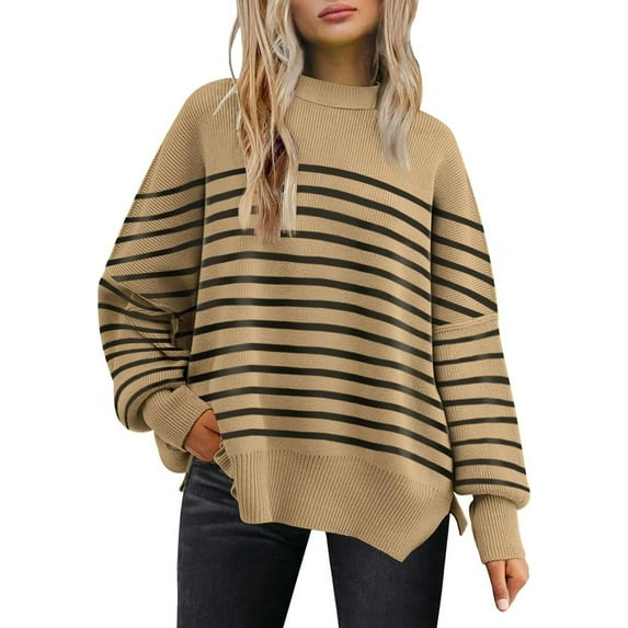 Women's Crewneck Batwing Long Sleeve Sweaters 2023 Fall Oversized Ribbed Knit Side Slit Pullover Tops