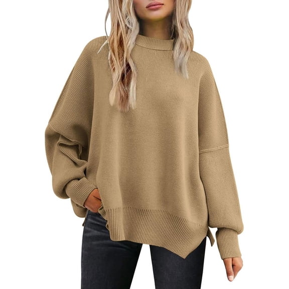 Women's Crewneck Batwing Long Sleeve Sweaters Fall Oversized Ribbed Knit Side Slit Pullover Tops
