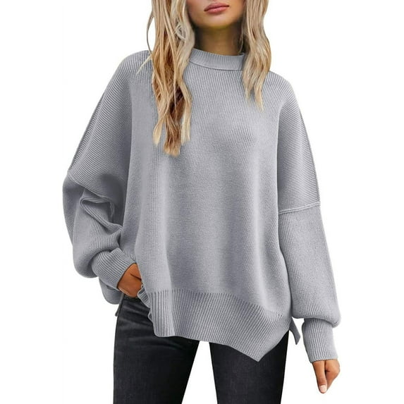 Women's Crewneck Batwing Long Sleeve Sweaters Fall Oversized Ribbed Knit Side Slit Pullover Tops