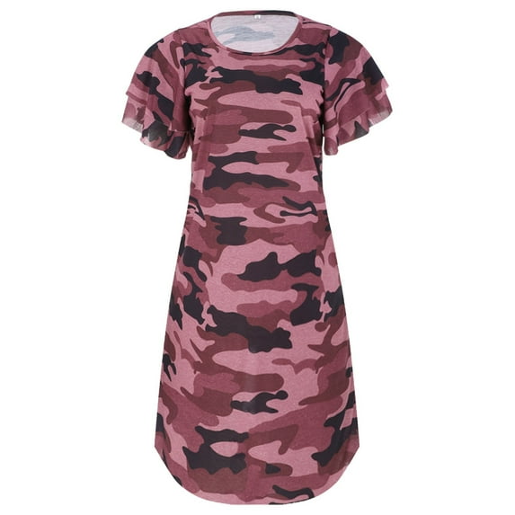Women's Crewneck Camo Print Dress Loose Casual Dress Short Sleeved Loose Dress