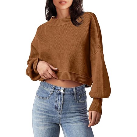 Women's Crewneck Cropped Sweater 2023 Fall Batwing Sleeve Oversized Side Slit Ribbed Knit Pullover Jumper Tops-XL