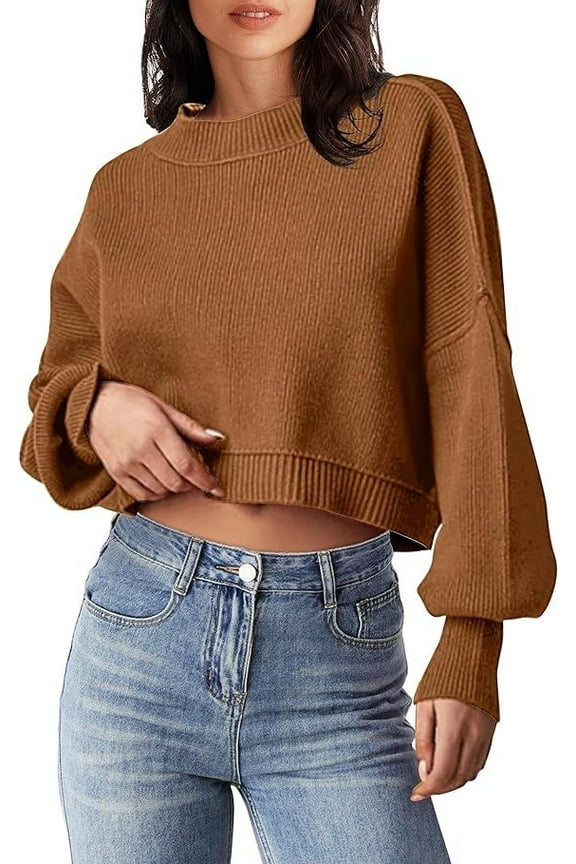 Women's Crewneck Cropped Sweater 2023 Fall Batwing Sleeve Oversized Side Slit Ribbed Knit Pullover Jumper Tops-XL