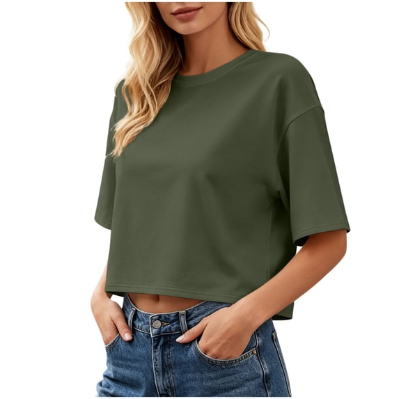 Women's Crewneck Cropped T Shirts Short Sleeve Loose Fit Casual Crop Tops Soft Solid Color Basic Tees Lightweight Layering Shirts Army Green