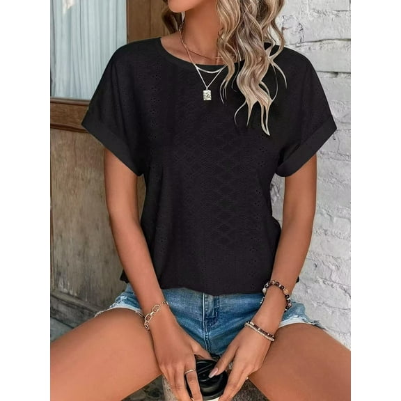 New Women's Crewneck Embroidery Loose Fit Casual Short Sleeve Blouse T Shirts