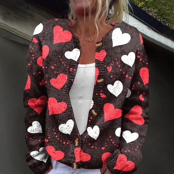 Women's Crewneck Fuzzy Sweater Elegant Heart Pattern Button Cardigan Sweater Knitted Open Front Valentine's Day Sweater