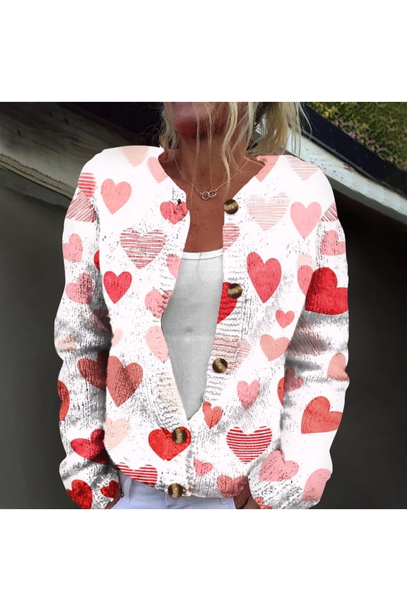 Women's Crewneck Fuzzy Sweater Elegant Heart Pattern Button Cardigan Sweater Knitted Open Front Valentine's Day Sweater