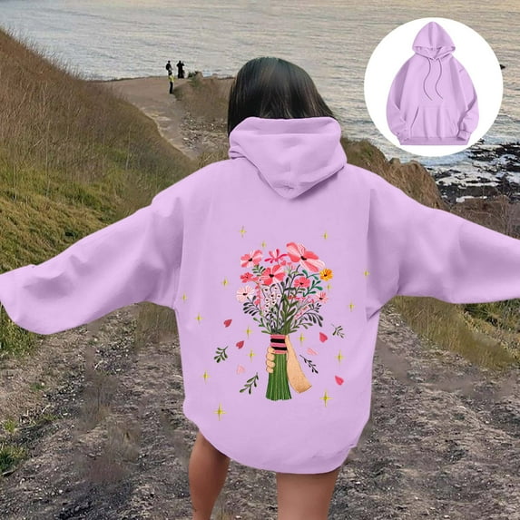 Women's Crewneck Hooded Sweatshirts Long Sleeve Hoodies Graphic Printed Lightweight Casual Loose Fit Fashion Tops 2025 with Pocket