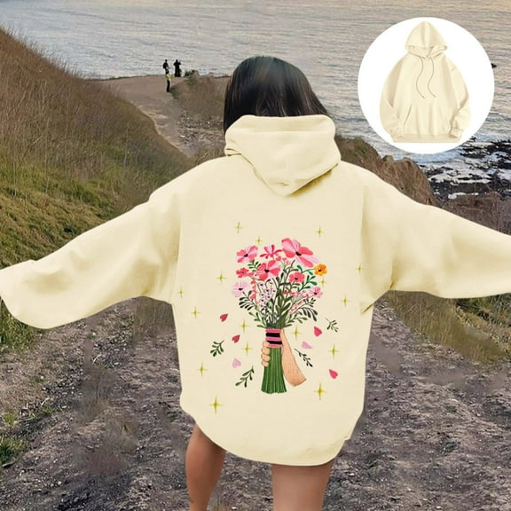 Women's Crewneck Hooded Sweatshirts Long Sleeve Hoodies Graphic Printed Lightweight Casual Loose Fit Fashion Tops 2025 with Pocket