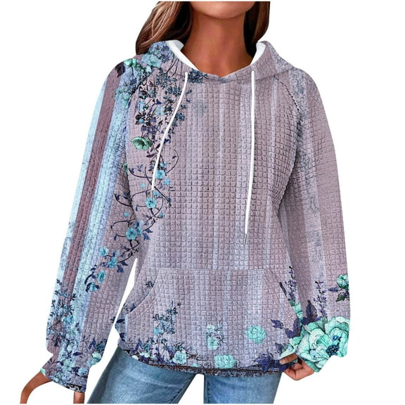 Women's Crewneck Hoodies Cute Floral Printed Pullover Sweatshirts Drawstring Raglan Hooded Sweaters Fall Long Sleeve Waffle Jacket Outwears Tops with Pocket