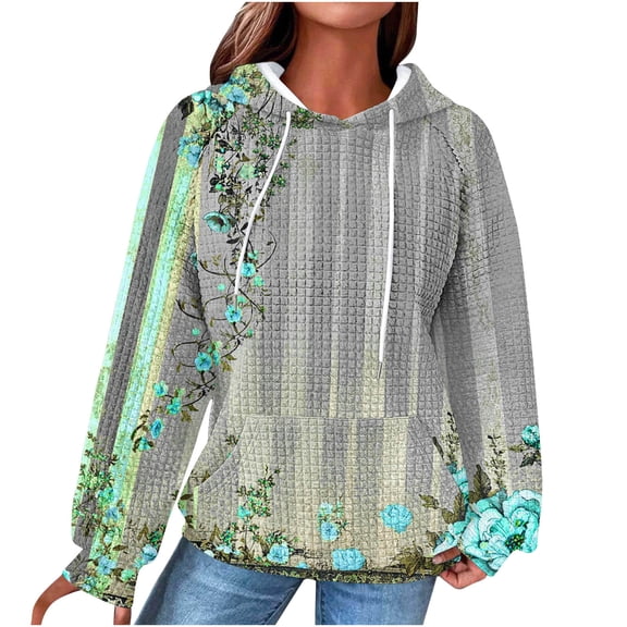 Women's Crewneck Hoodies Cute Floral Printed Pullover Sweatshirts Drawstring Raglan Hooded Sweaters Fall Long Sleeve Waffle Jacket Outwears Tops with Pocket