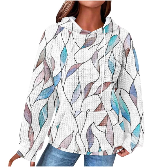 Women's Crewneck Hoodies Fashion Printed Pullover Sweatshirts Drawstring Raglan Hooded Sweaters Fall Long Sleeve Waffle Jacket Outwears Tops with Pocket