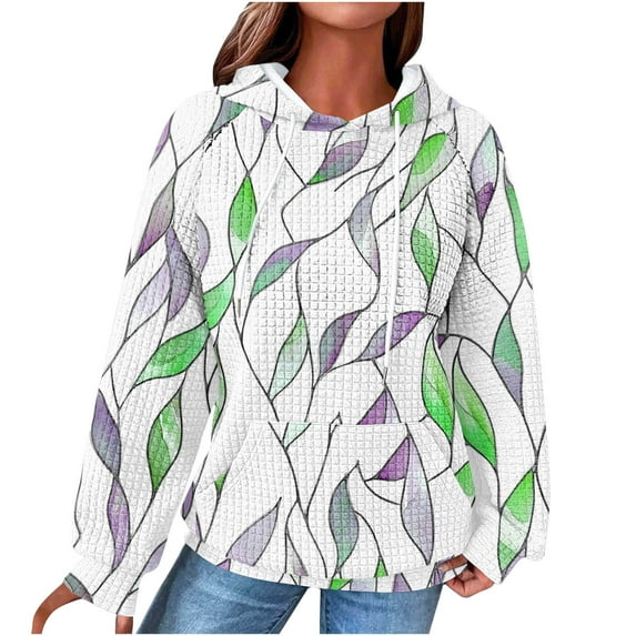 Women's Crewneck Hoodies Fashion Printed Pullover Sweatshirts Drawstring Raglan Hooded Sweaters Fall Long Sleeve Waffle Jacket Outwears Tops with Pocket