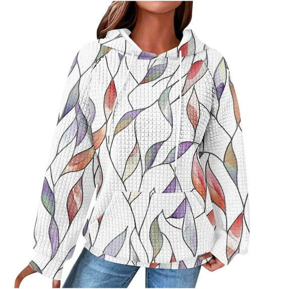 Women's Crewneck Hoodies Fashion Printed Pullover Sweatshirts Drawstring Raglan Hooded Sweaters Fall Long Sleeve Waffle Jacket Outwears Tops with Pocket