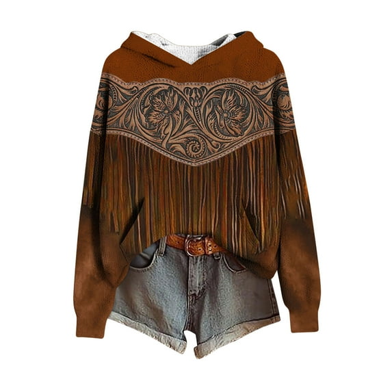 Women's Crewneck Hoodies Imitation Knitted Long Sleeve Sweaters Fashion Retro Printed Hooded Sweatshirt Fall Winter Blouse Clothings Loose Casual Jackets Pullover Outwears