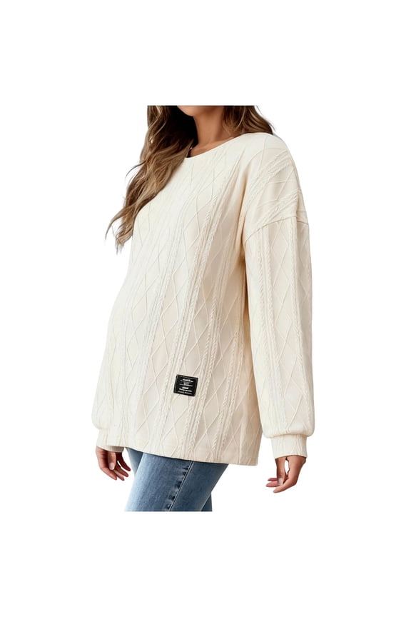 Women's Crewneck Knit Long Sleeve Maternity Sweaters Lightweight Maternity Clothes Top Fall Winter Warm Pullover Beige L