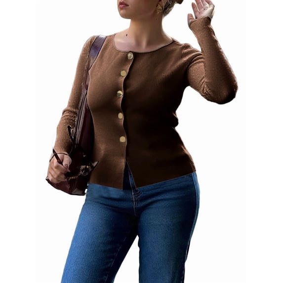Women's Crewneck Long Sleeve Button Down Knit Cardigan Sweater Brown S