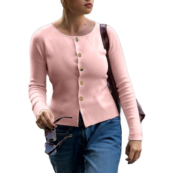 Women's Crewneck Long Sleeve Button Down Knit Cardigan Sweater Pink L